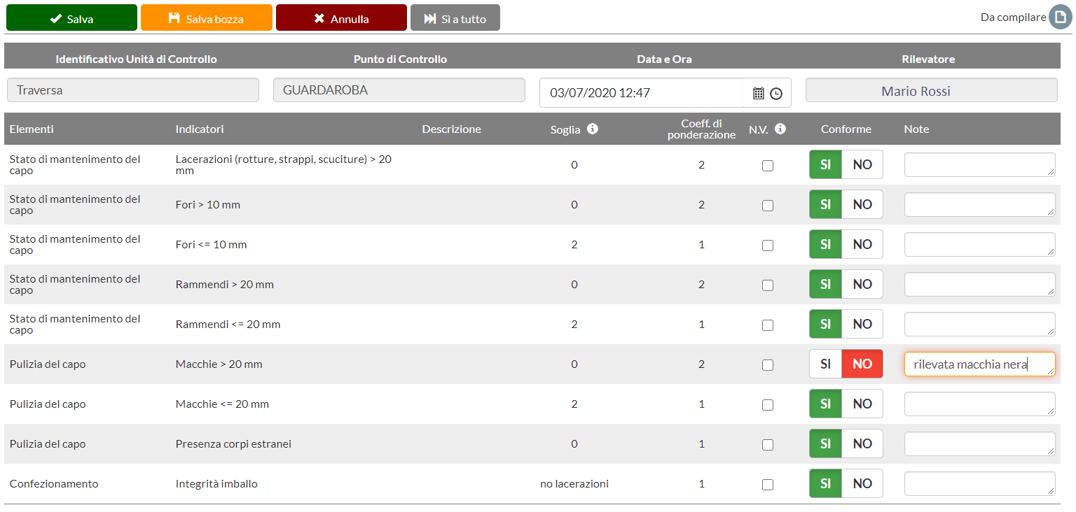 scheda in compilazione